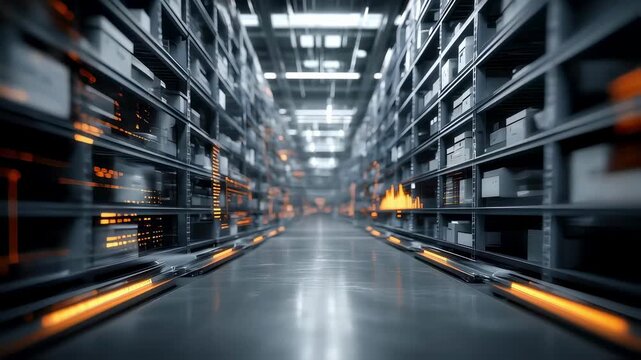 Medium shot of a futuristic warehouse with AI software displaying predictive inventory levels on a digital screen blurring background shelves for emphasis.