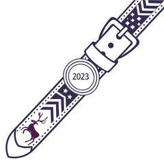 Flat design of a Santa belt buckle with reindeer and 2023