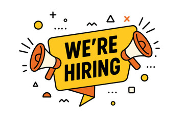 We're hiring banner with megaphones. Job vacancy announcement concept. Employee recruitment design. Join our team graphic. Vector illustration for business hiring and job offer.