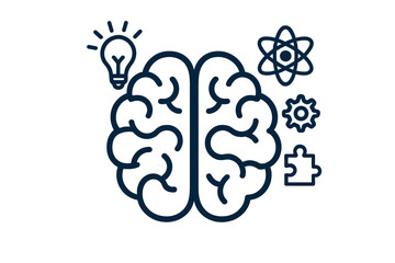 Creative brain icon with lightbulb, atom, gear, puzzle. Concept for ideas, knowledge, technology, problem-solving. Vector for mind, psychology, innovation, science, solution.