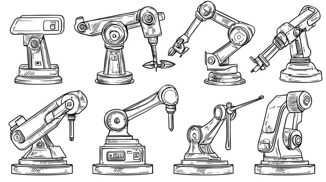 Modern flat set featuring an industrial robot arm and robotic electronic hand manipulator with machine parts, symbolizing the automation process in car manufacturing