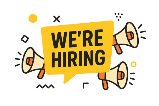 We're hiring banner with megaphones. Job vacancy announcement concept. Loudspeaker for recruitment and employment. Help wanted sign. Looking for employees and new team members.