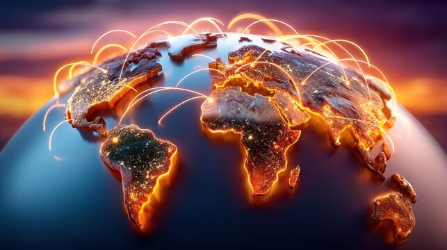 The Earth is seen at dusk, highlighting continents with sparkling lights. Connected lines show interaction between the different regions, emphasizing global communication