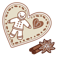 Gingerbread heart cookie with gingerbread man and spices