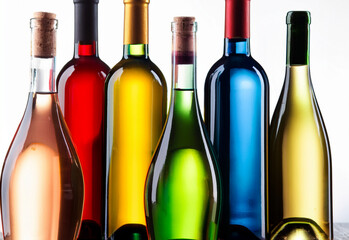 Colorful wine bottles on white background