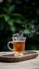 Generative AI warm beverage steam rising from glass cup.