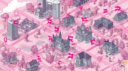 Isometric map of a city with pink cherry blossom trees