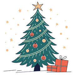 Green Christmas tree with ornaments and gifts decorated