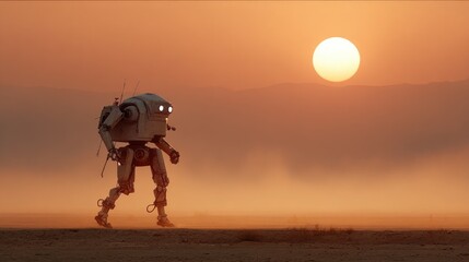 Robot walking on a desert planet with a sunset in the background