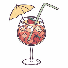 Hand drawn cocktail with strawberry and umbrella drink