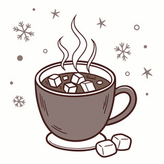 Hand drawn hot cocoa mug with marshmallows and snowflakes