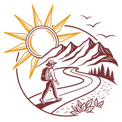 Hiker walking on mountain path under sun and birds