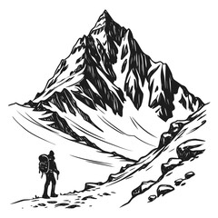 Hiker with backpack facing a snow covered mountain peak