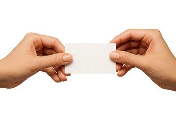 Fototapeta premium Female hands holding a blank white business card isolated on transparent background