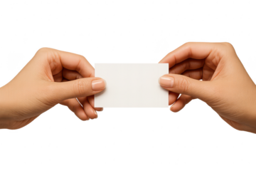 Female hands holding a blank white business card isolated on transparent background
