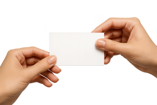 Blank business card held by hands, isolated on a transparent background