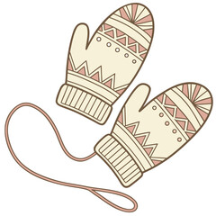 Knitted mittens with geometric pattern and string gloves