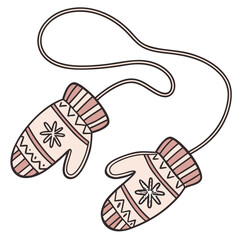 Knitted mittens with string and winter pattern gloves