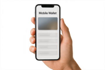 Hand holding modern smartphone with mobile wallet app, transparent background.