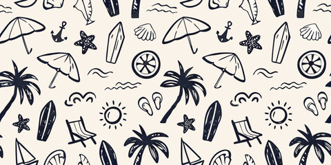 Charming hand drawn doodle pattern of summer beach vacation elements on a light background