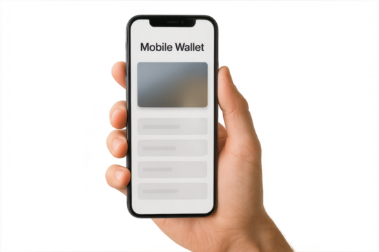 Hand holding modern smartphone with mobile wallet app, transparent background.
