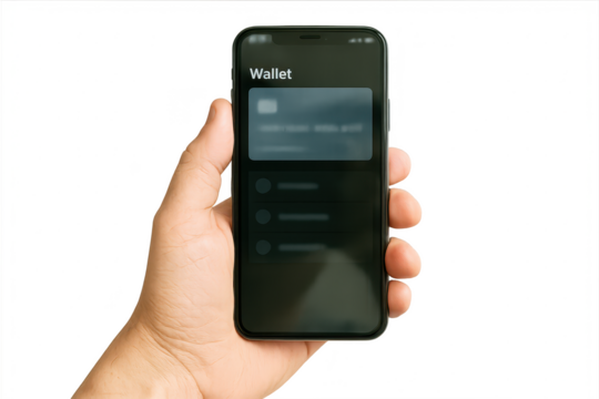 Hand holding smartphone with digital wallet app, isolated on transparent background