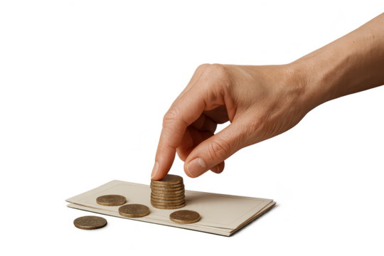 Human hand stacking metal coins on papers, isolated on a transparent background