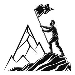 Fototapeta premium Man planting flag on mountain peak black vector