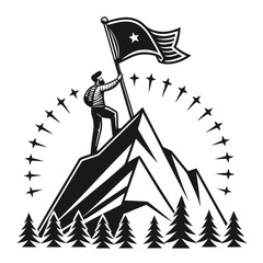 Man on mountain peak planting flag with stars and trees