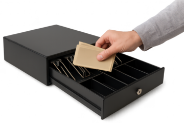 Hand inserting blank cards into cash drawer, isolated on transparent background