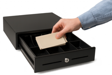 Hand placing blank cards into a cash drawer isolated on transparent background
