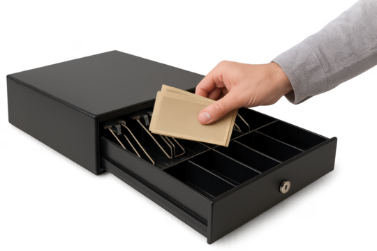 Hand inserting blank cards into cash drawer, isolated on transparent background