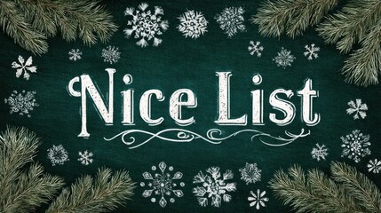 Nice list written on chalkboard with snowflakes and pine branches