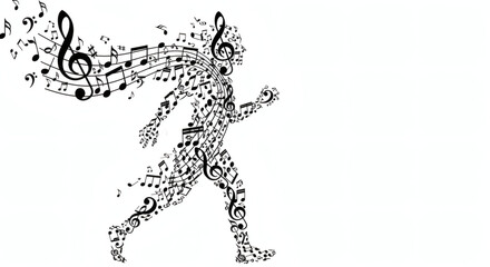 Silhouette of a person running filled with musical notes and symbols
