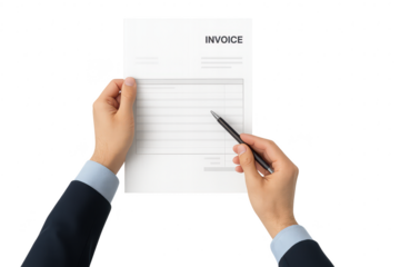 Businessman hands holding and pointing at an invoice document on transparent background