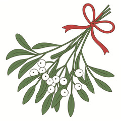 Mistletoe bunch with red ribbon on white background 1
