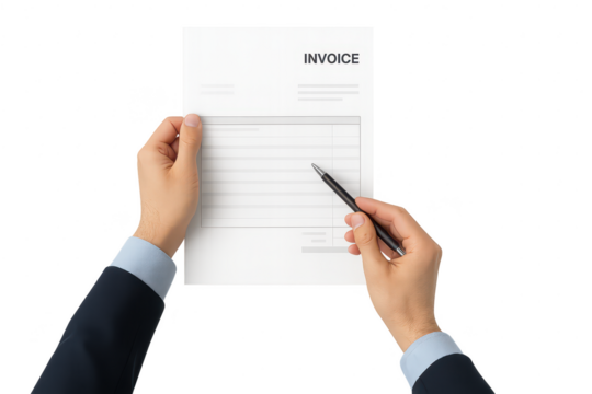 Businessman hands holding and pointing at an invoice document on transparent background - Powered by Adobe
