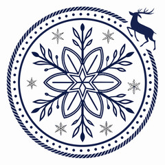 Navy blue snowflake and deer circular emblem circle