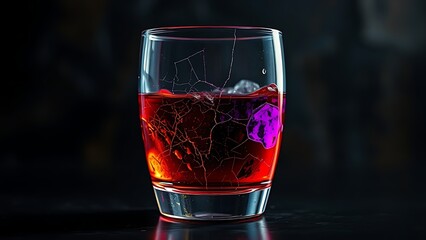 An abstract visualization of a vibrant colorful cocktail glass slowly cracking and draining of its color against a dark background.