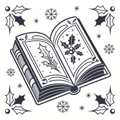 Open christmas book with holly and snowflakes pages