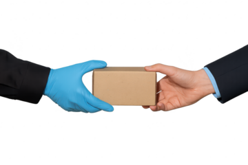 Secure package delivery by gloved hand, isolated on transparent background
