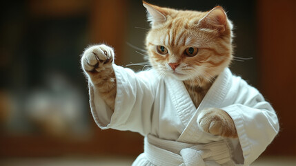 Ginger cat wearing karate uniform demonstrates martial arts, cute funny kitty in fighting stance with focused expression on blurry background.