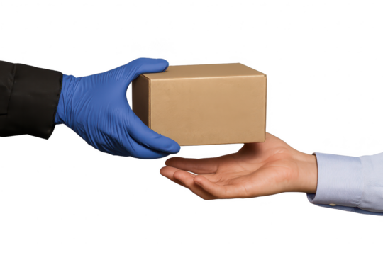 Gloved hand passing cardboard box to bare hand, isolated on transparent background