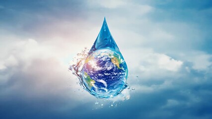 Stylized of a blue water droplet containing a miniature world, symbolizing conservation and environmentalism.