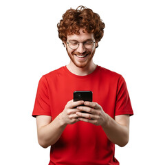 Fototapeta premium Smiling young man with glasses and red hair uses smartphone outdoor technology fun isolated on transparent background