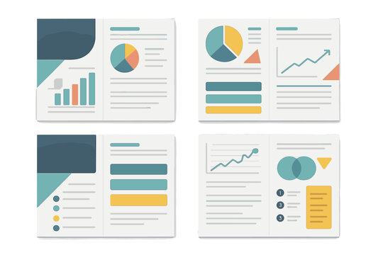 Set of multipurpose presentation templates and brochure layouts. Flat design infographic elements for business reports and marketing data. Vector illustration with charts and graphs.
