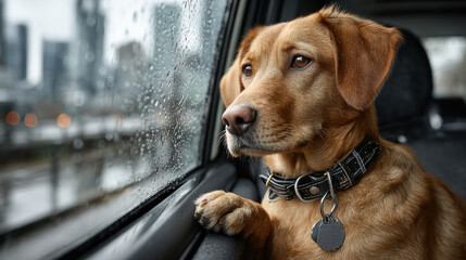 Brown dog gazing through rain-streaked car window with melancholy expression