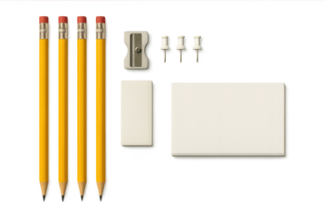 Classic school and office supplies isolated on a transparent background.