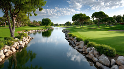 Serene landscape with lush greenery, calm river, and tranquil blue sky reflection in a peaceful natural park setting