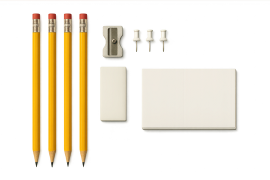 Classic school and office supplies isolated on a transparent background.